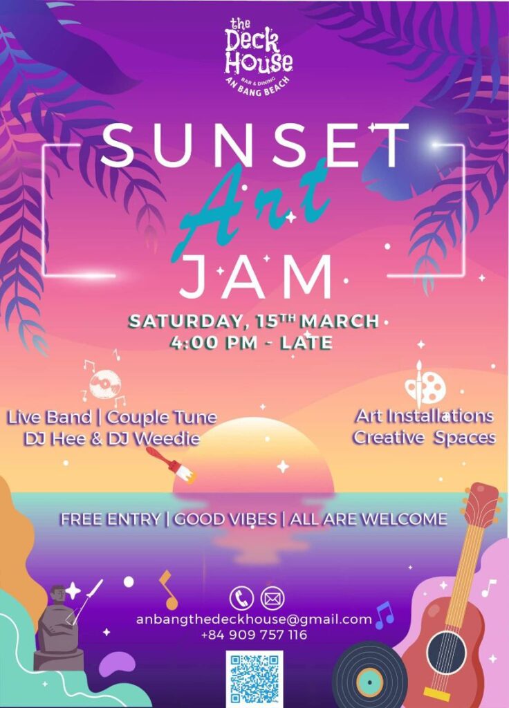 graphic poster promoting Sunset Art Jam at The DeckHouse, An Bang Beach in Hoi An, Vietnam with live music, DJs, art installations and more!