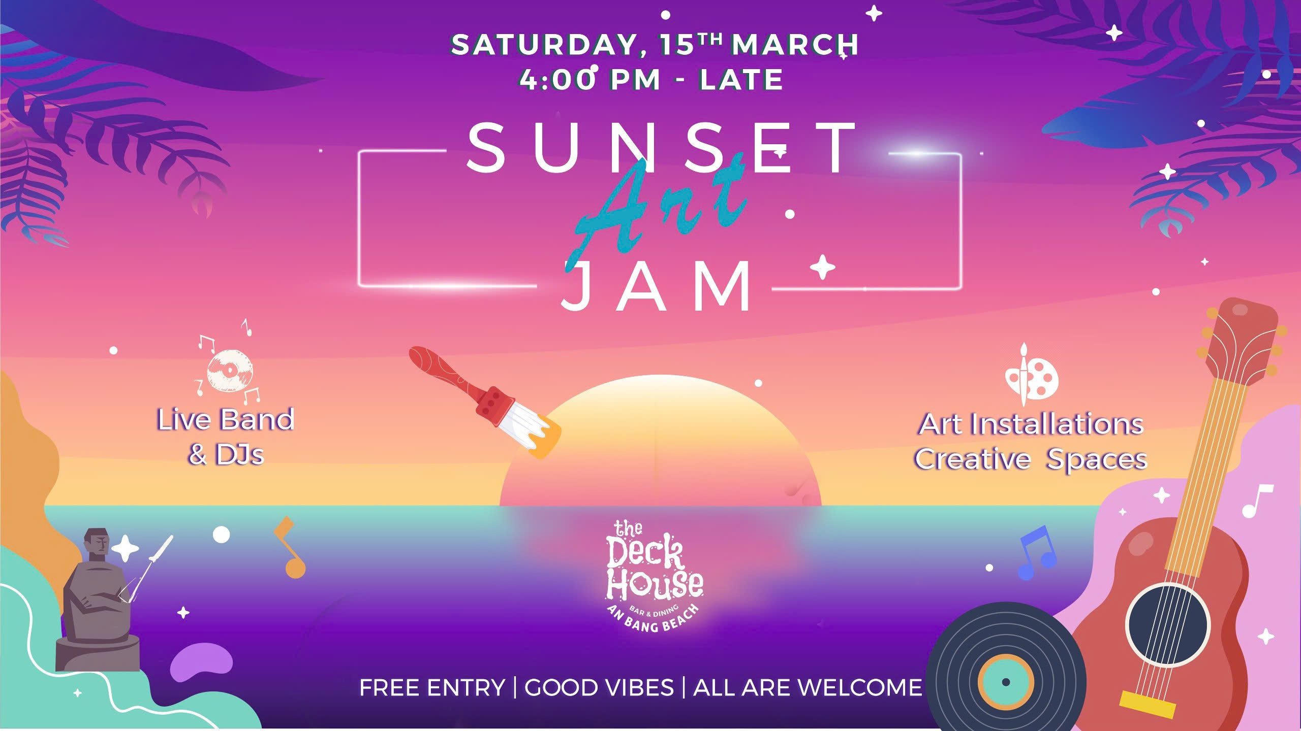 graphic poster visually depicting Sunset Art Party at The DeckHouse, An Bang Beach